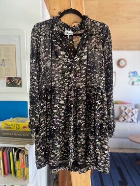 Ganni Black Floral Ruffled Tie-Neck Blouse